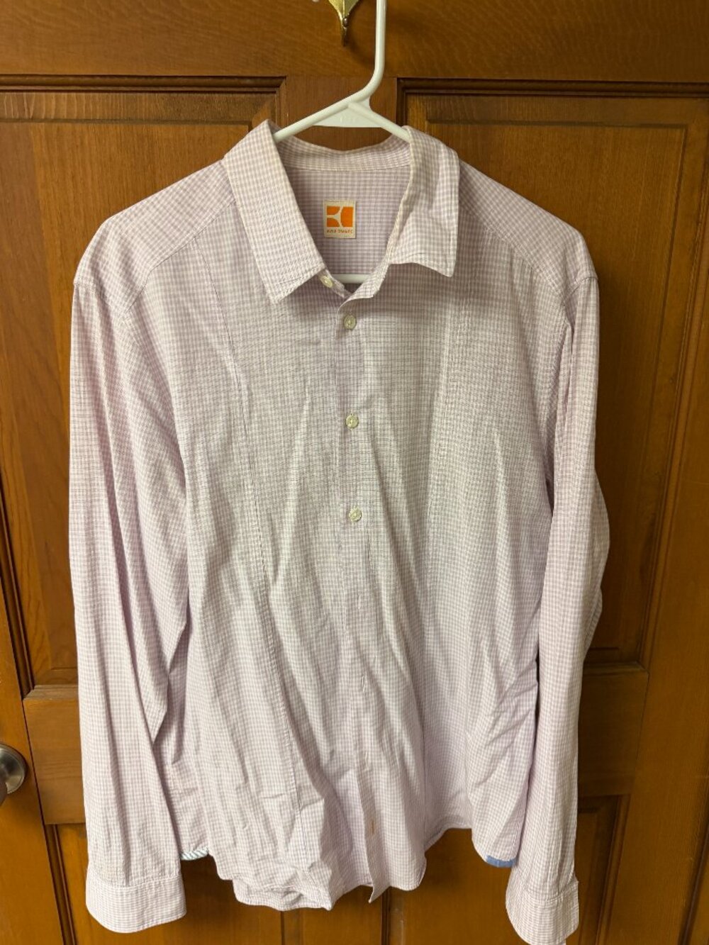 Boss Orange Men's Light Pink & White Checkered Shirt-Size L in Good Shape!